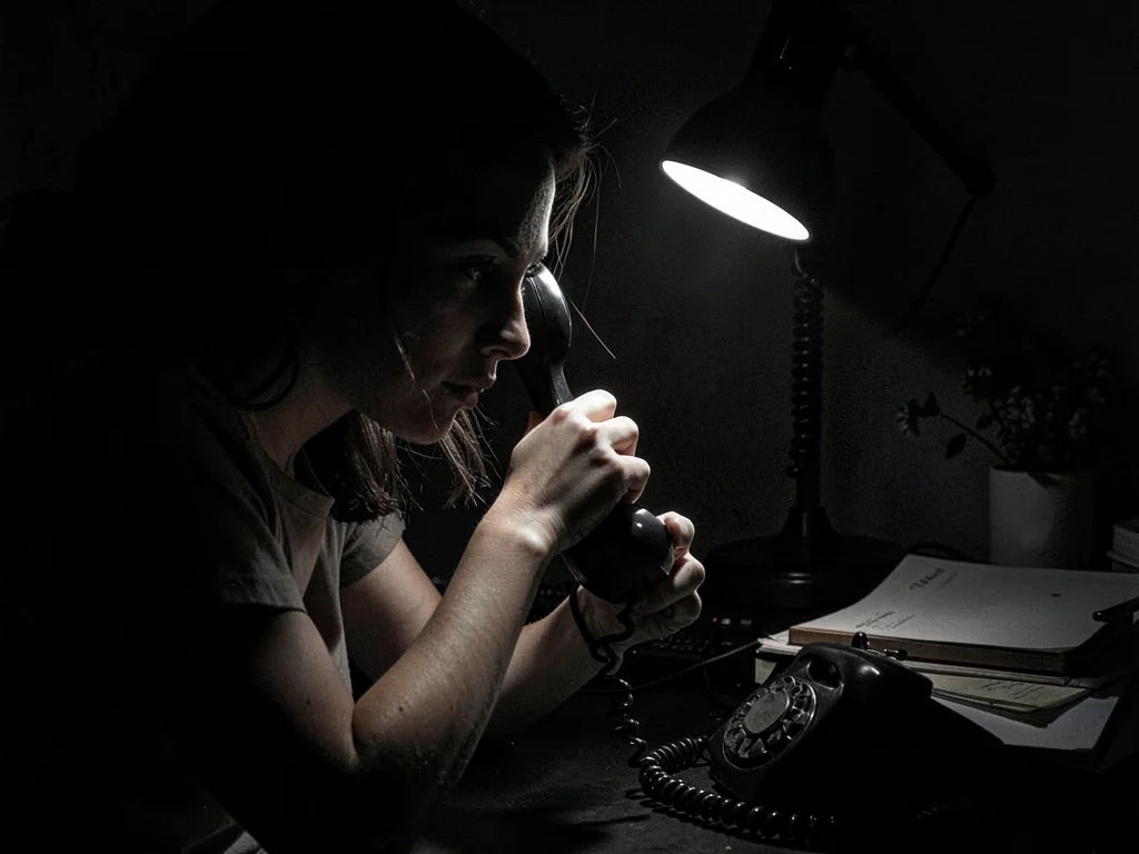 Woman's hand on rotary phone receiver, desk lamp creating hard pool of light, sp