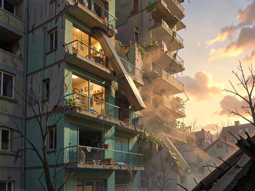 Half-collapsed apartment block at golden hour, beam slips between balconies into