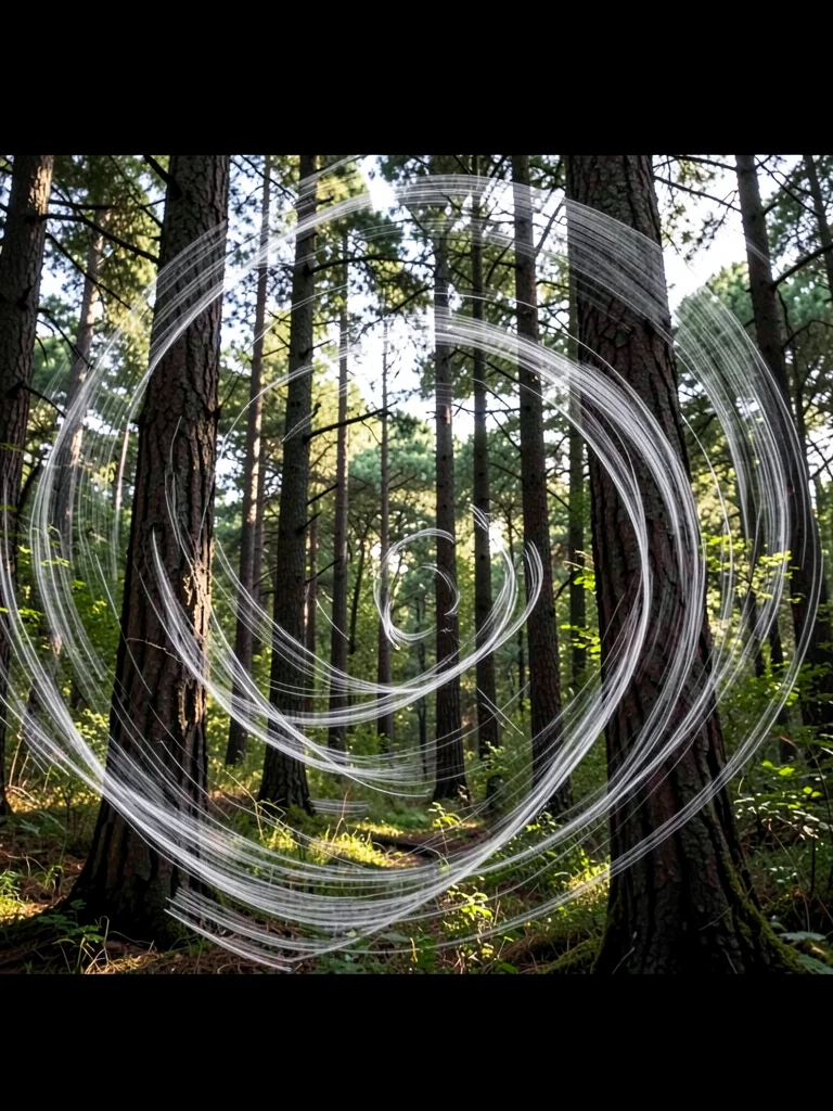 A 30-second exposure of a forest in wind, the trunks sharp but the leaves and br