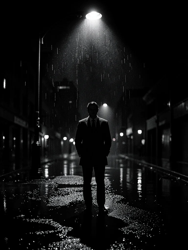 Lone figure under streetlight in rain, light cutting through downpour, puddle re