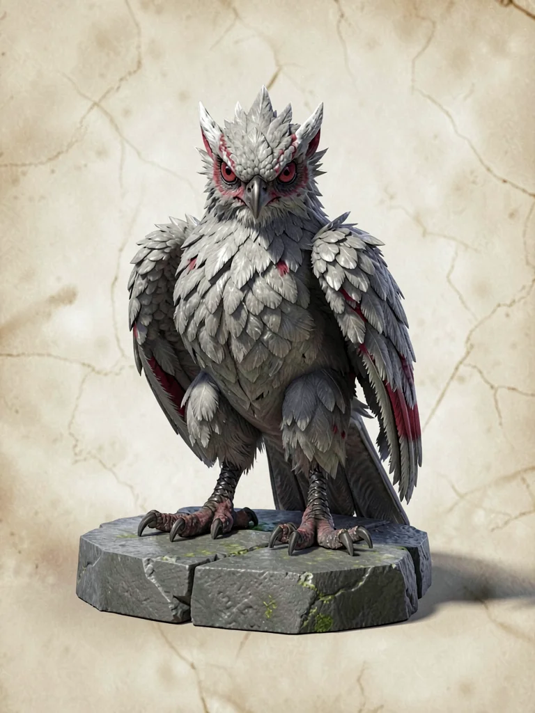 Storm-grey alkonost with silver-tipped feathers and deep crimson eye-markings, p