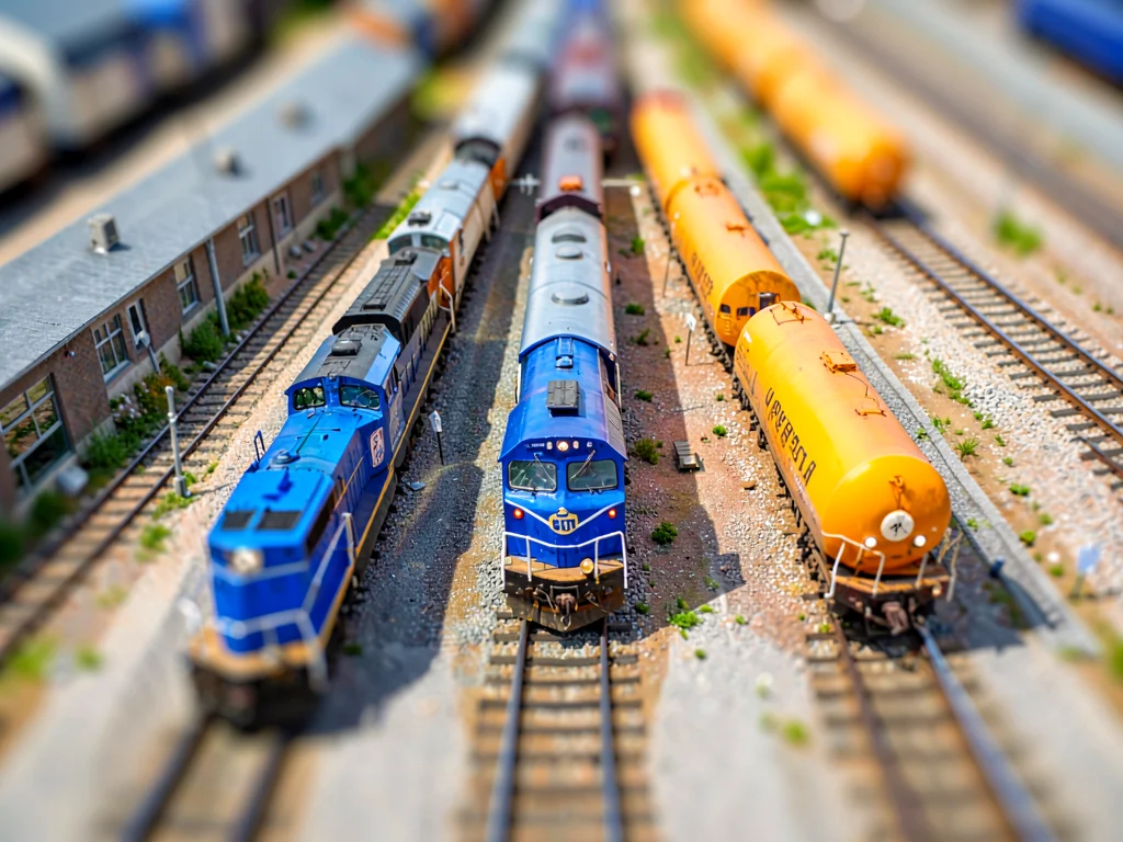 Birds-eye tilt-shift view from a rail-yard gantry of a switching complex, satura