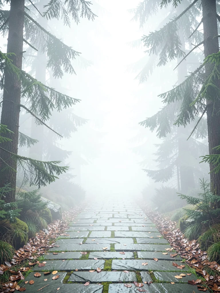 Stone-flagged forest trail with damp leaves, both sides walled by spruce, the tr