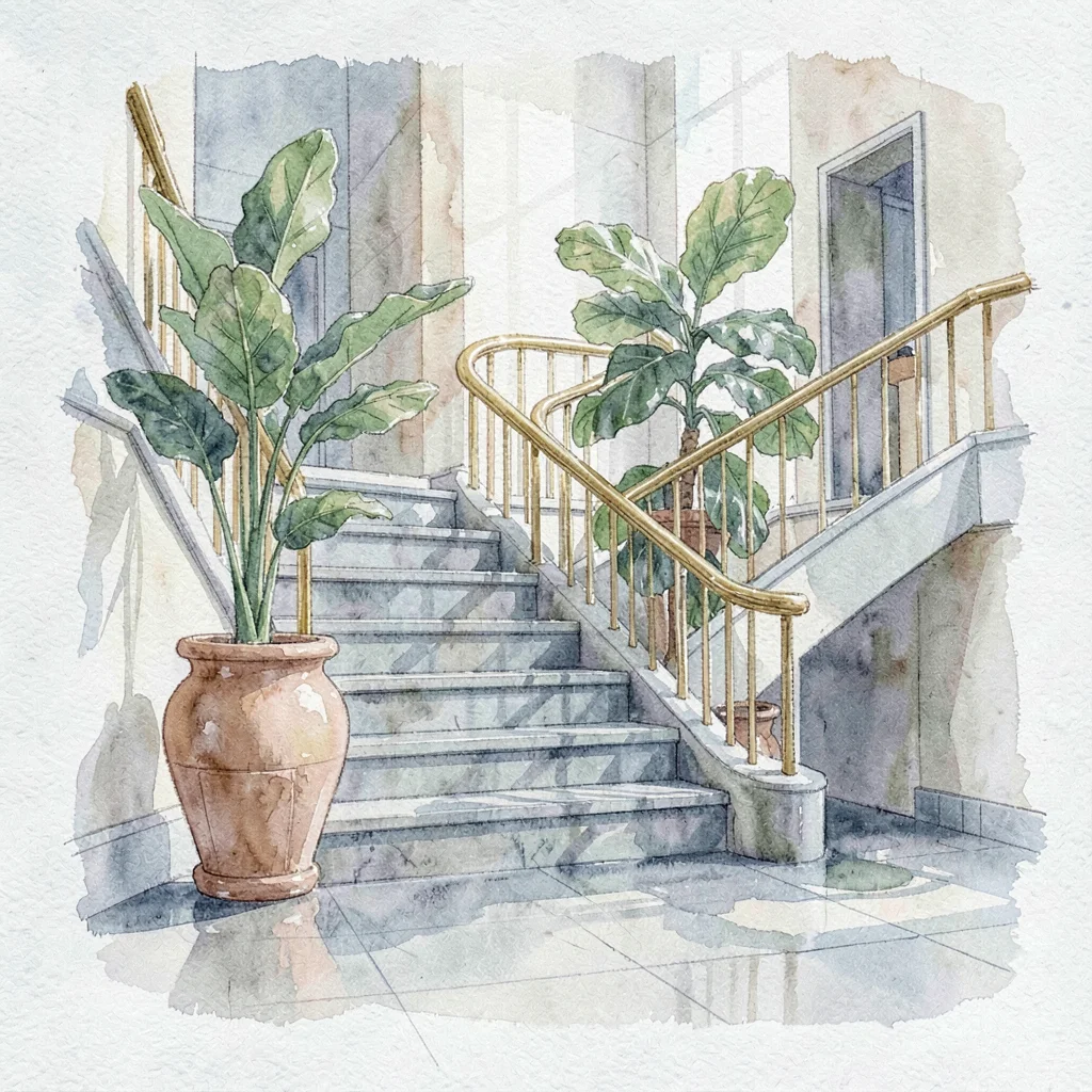Quiet washy rendering of a hotel lobby with a sweeping stone staircase, a tall f