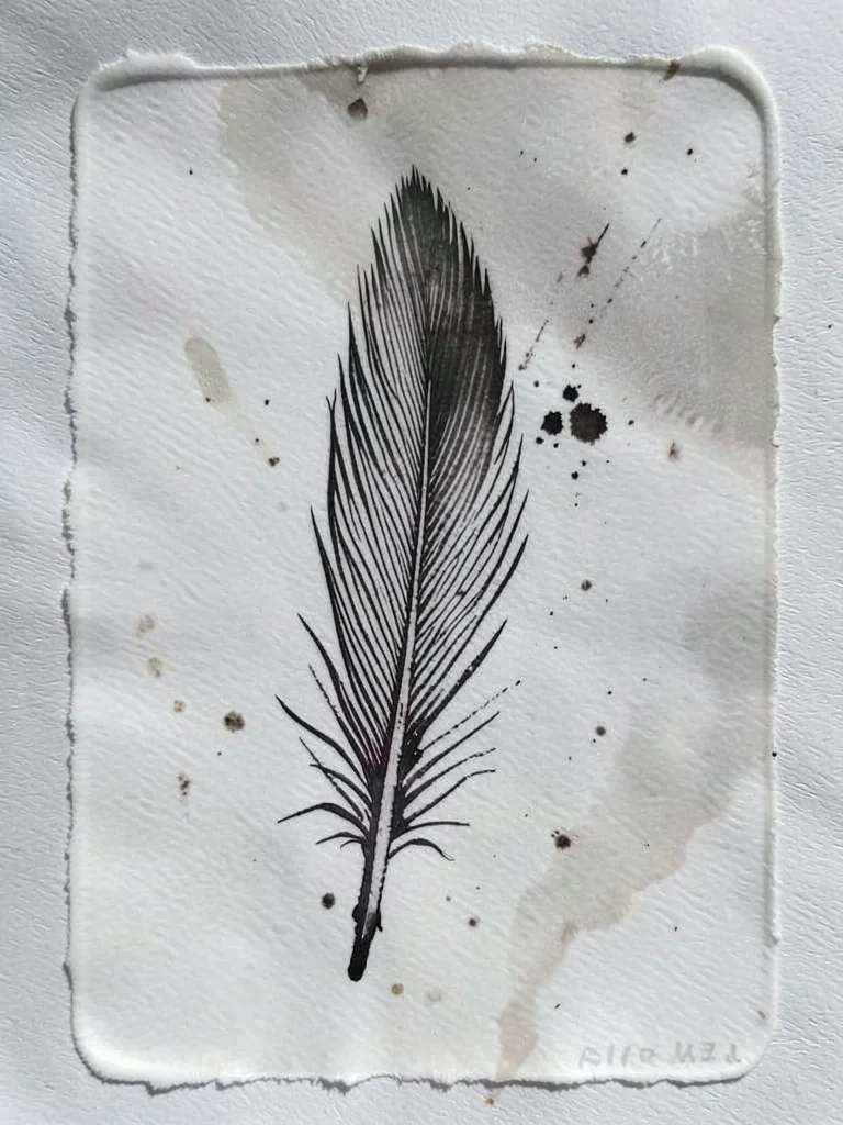 Monoprint of turkey feather, ink transfer creating delicate barb detail