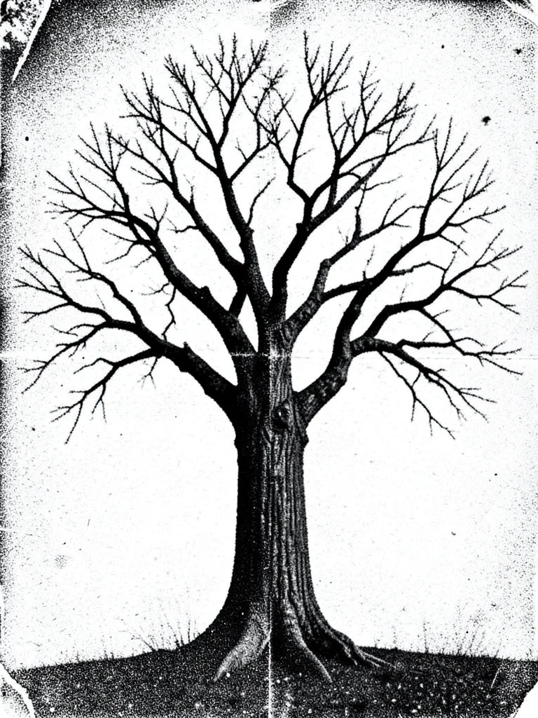 Tree silhouette photocopied until branches become lightning-bolt cracks of black