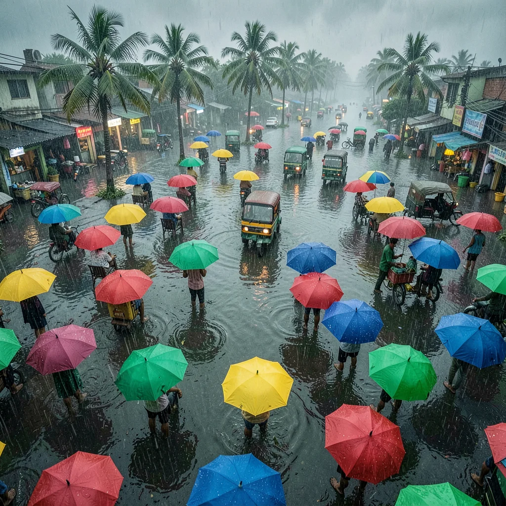 Colorful Umbrellas Overhead View Monsoon Street