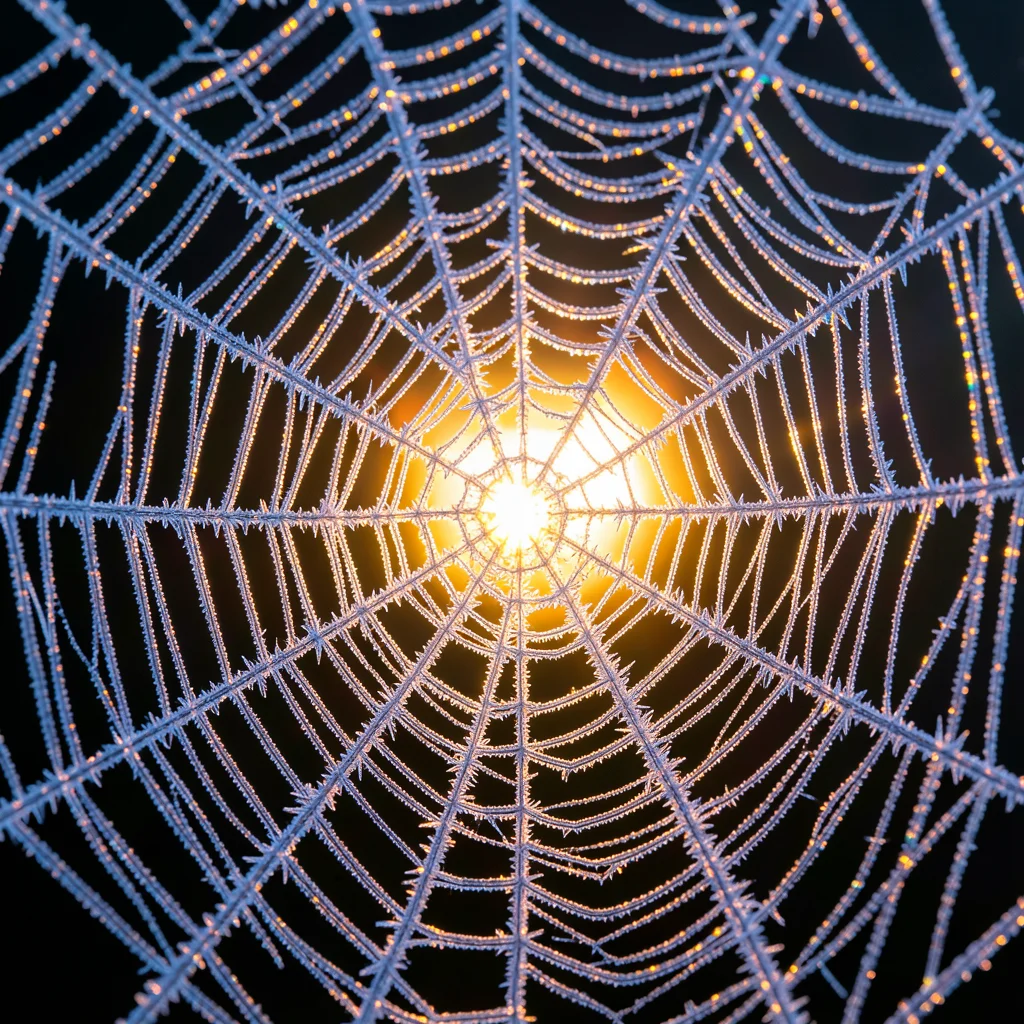 Hoar frost on a spider web, every strand coated in ice crystals, backlit by sunr