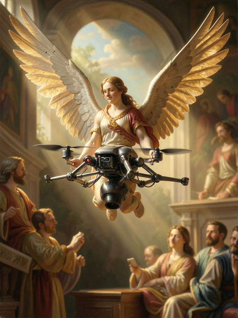 Drone in flight rendered as Renaissance angel, mechanical wings, golden light, o