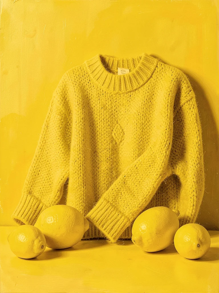 Butter yellow composition, lemons, wool sweater, painted backdrop, warm coordina