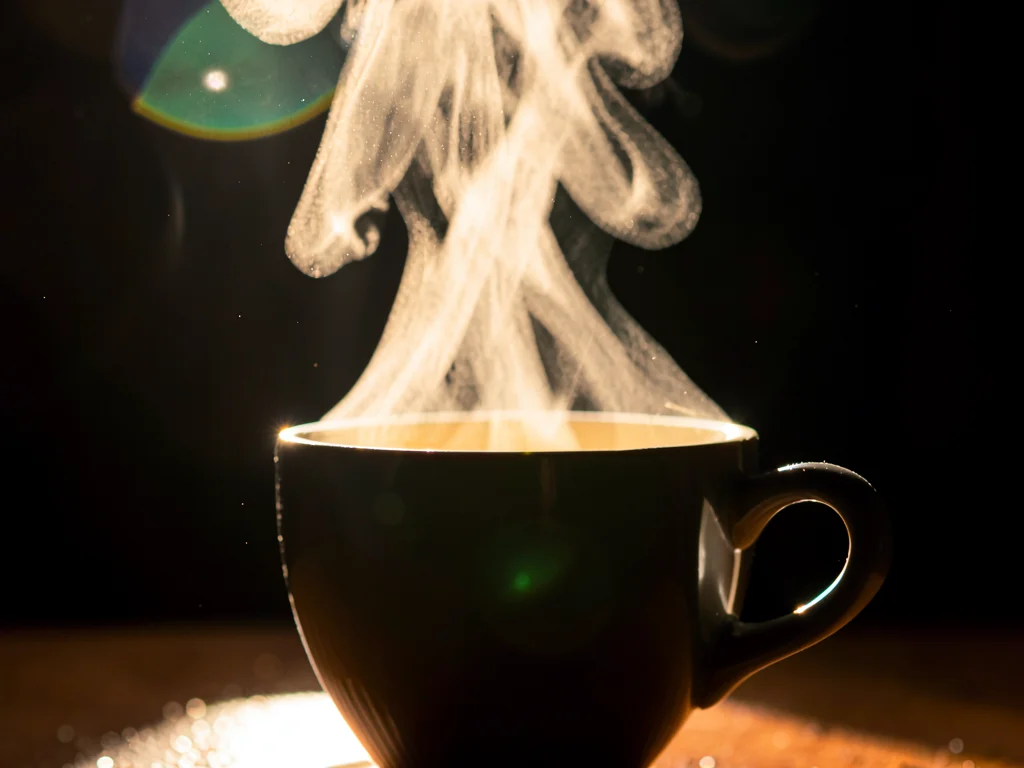 Steam rising from cup backlit