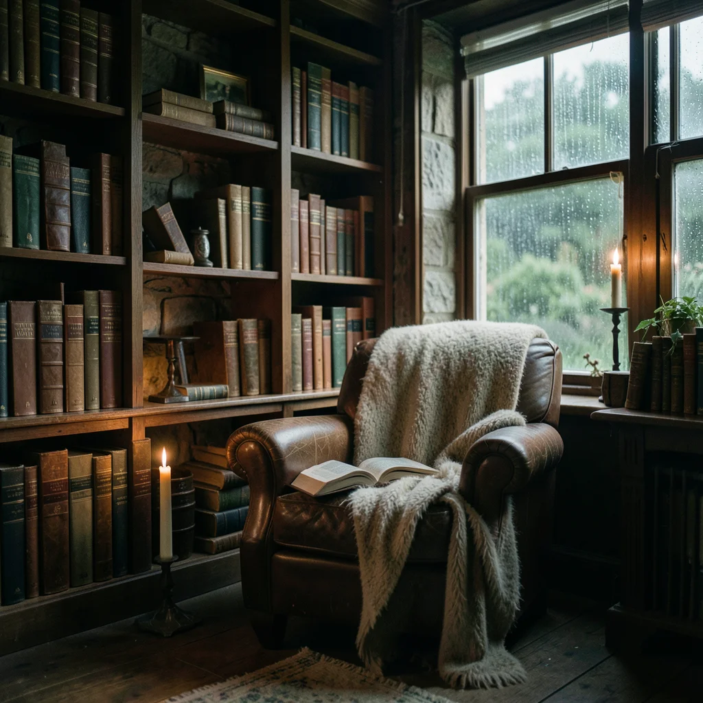 A stone-walled study with floor-to-ceiling bookshelves, a leather armchair with 
