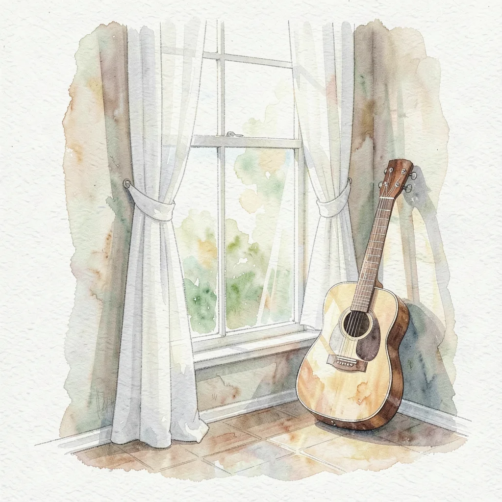 Vertical watercolor of a window with sheer curtain and a guitar leaning beside
