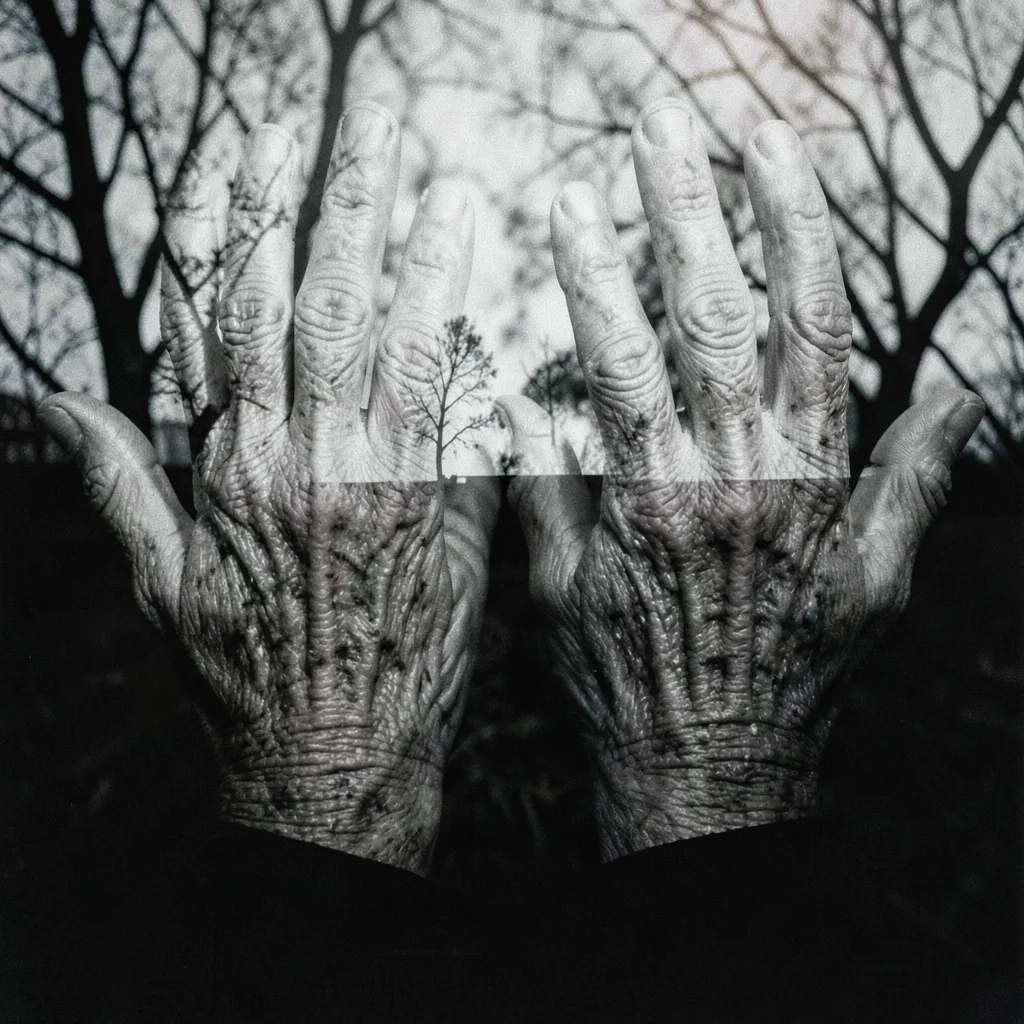 Elderly hands doubled with tree bark, the same textures of time passing