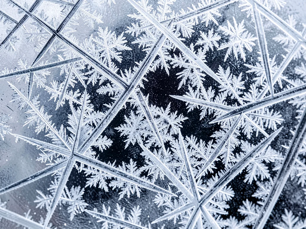 Window frost showing transition between crystal growth patterns