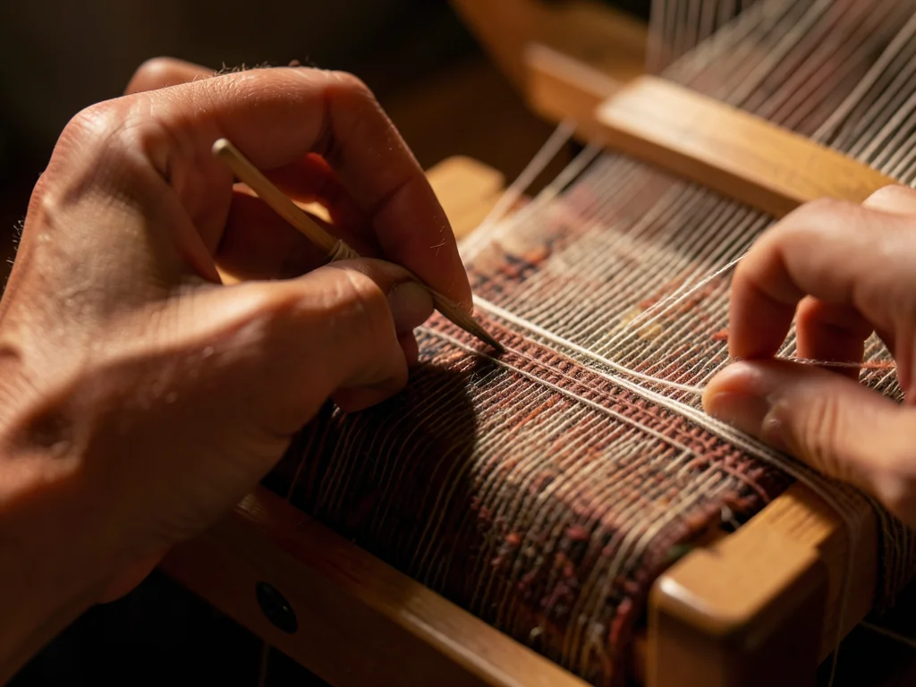 Fingers weaving weft thread through taut warp on a small tabletop loom
