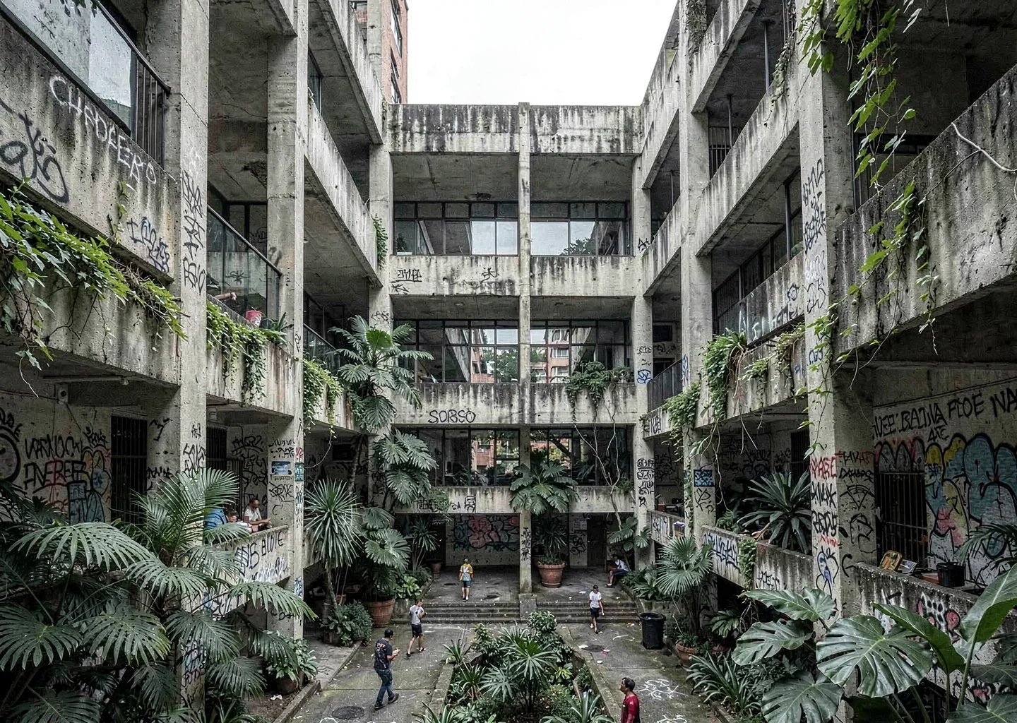 Tropical brutalist São Paulo, Brazil, brutalist university building with interio