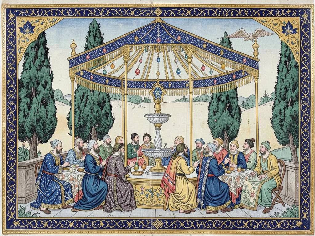 Outdoor feast beneath a jeweled canopy with cypress trees and a fountain