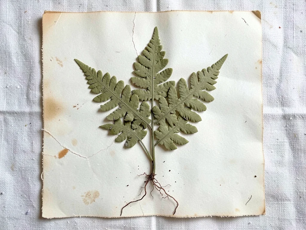 Pressed-clay fern frond splayed across cream paper, root tips just touching the 