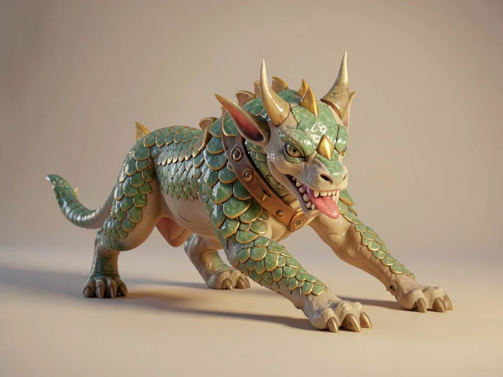 Gallant qilin in mid-bow with one foreleg extended forward and head lowered in g