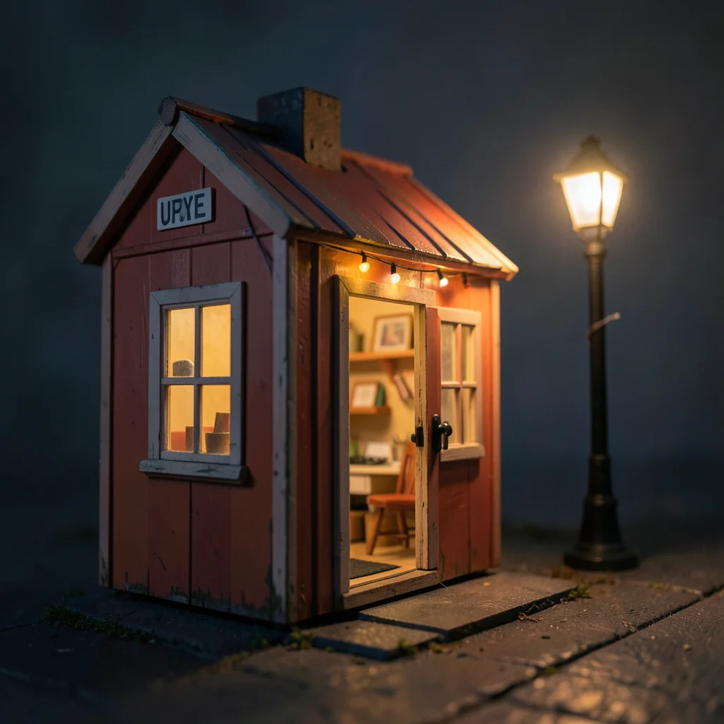 Matchbox house with tiny furniture inside, lit match as streetlamp outside