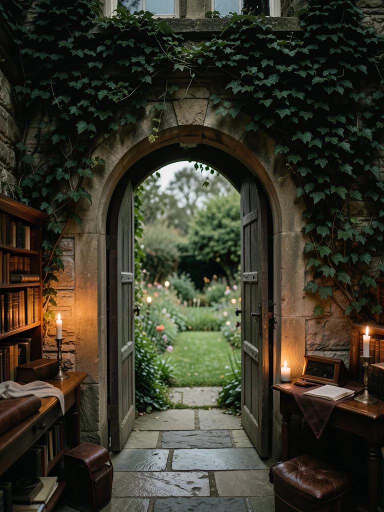 An arched doorway in an old stone building, ivy growing over the top, a garden v