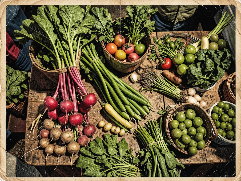 Overhead view of farmers market table with spring vegetables, radishes and peas