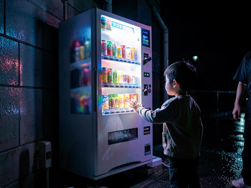 Child pressing face to vending machine glass, the want visible in glow, parent's