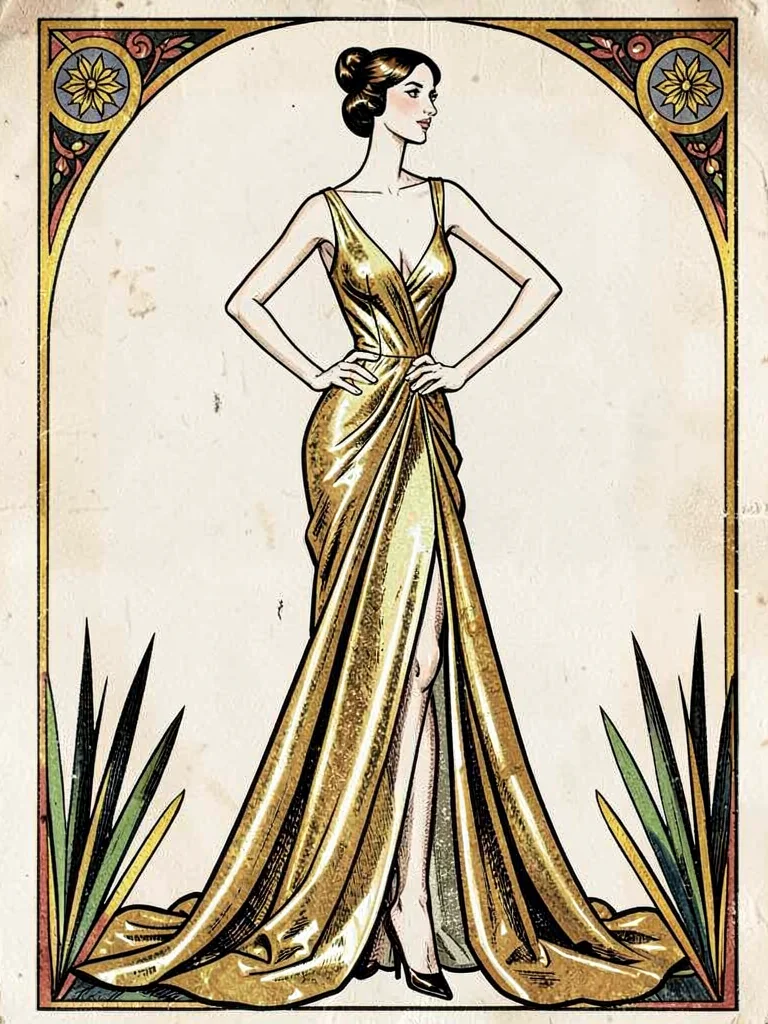 Elongated gold lame evening