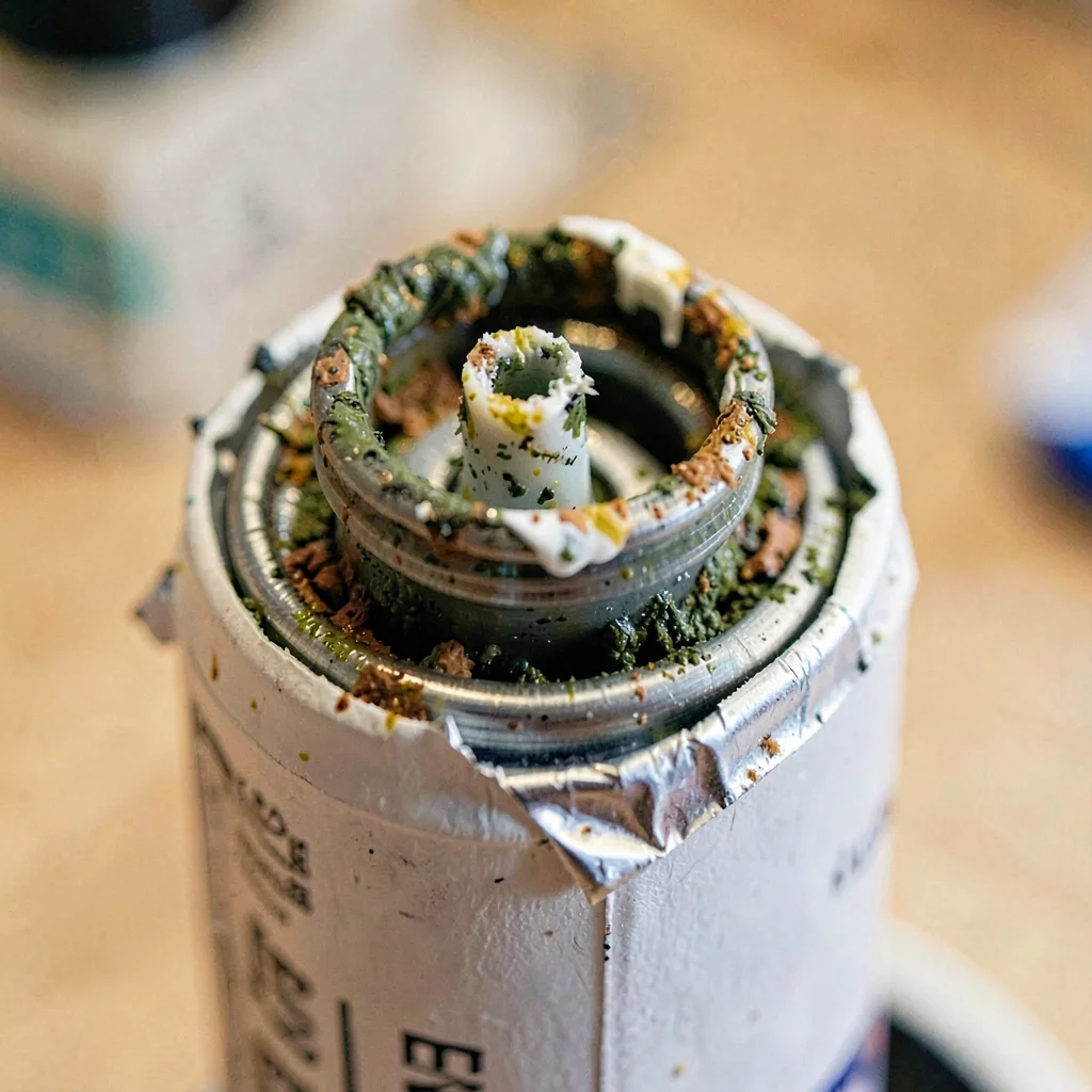 Tight macro of an oil paint tube with peeled foil and crusted pigment around the
