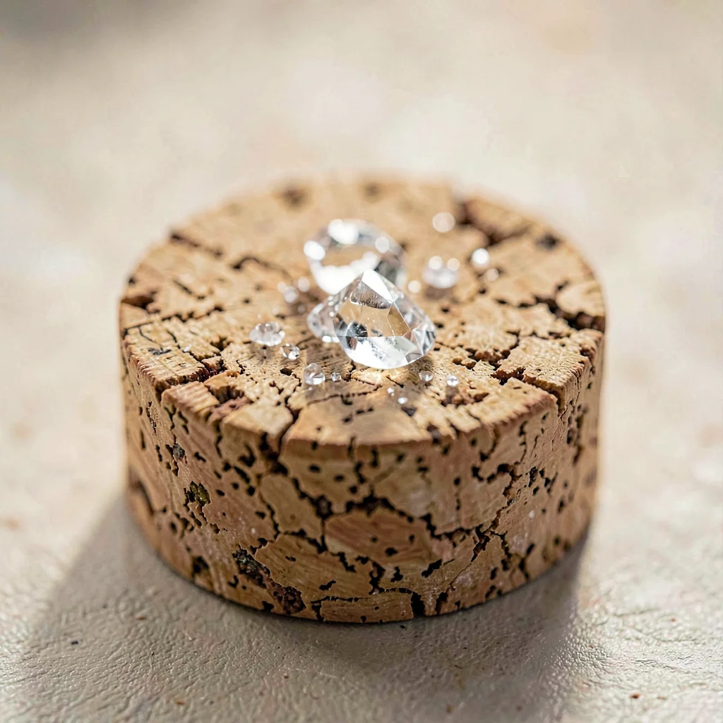 Mineral-cut macro of a cork end with crystal residue, hard top light