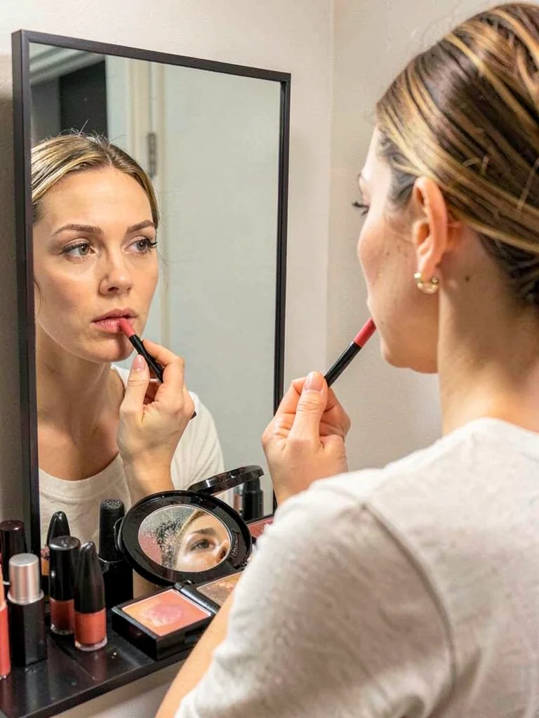 Woman applying lipstick in compact mirror, reflection reversed from herself