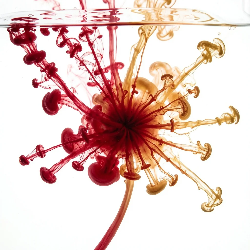 Red and gold ink blooming in water, festive warmth, holiday swirl