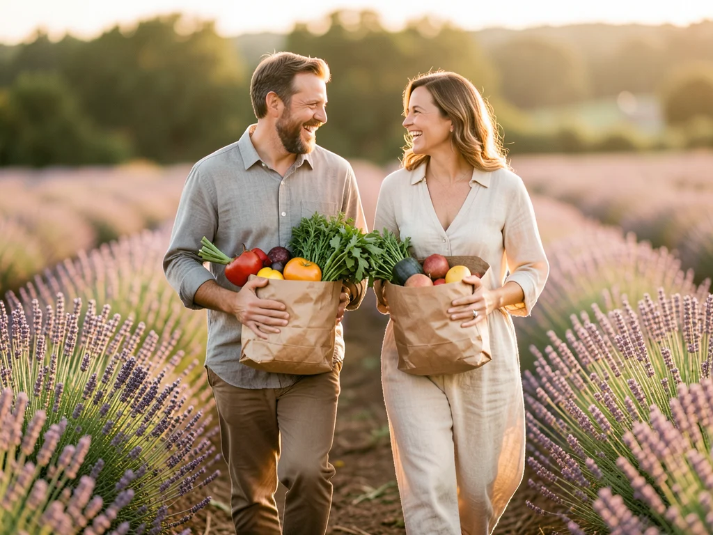 A couple walking through a lavender field holding brown paper bags of fresh prod