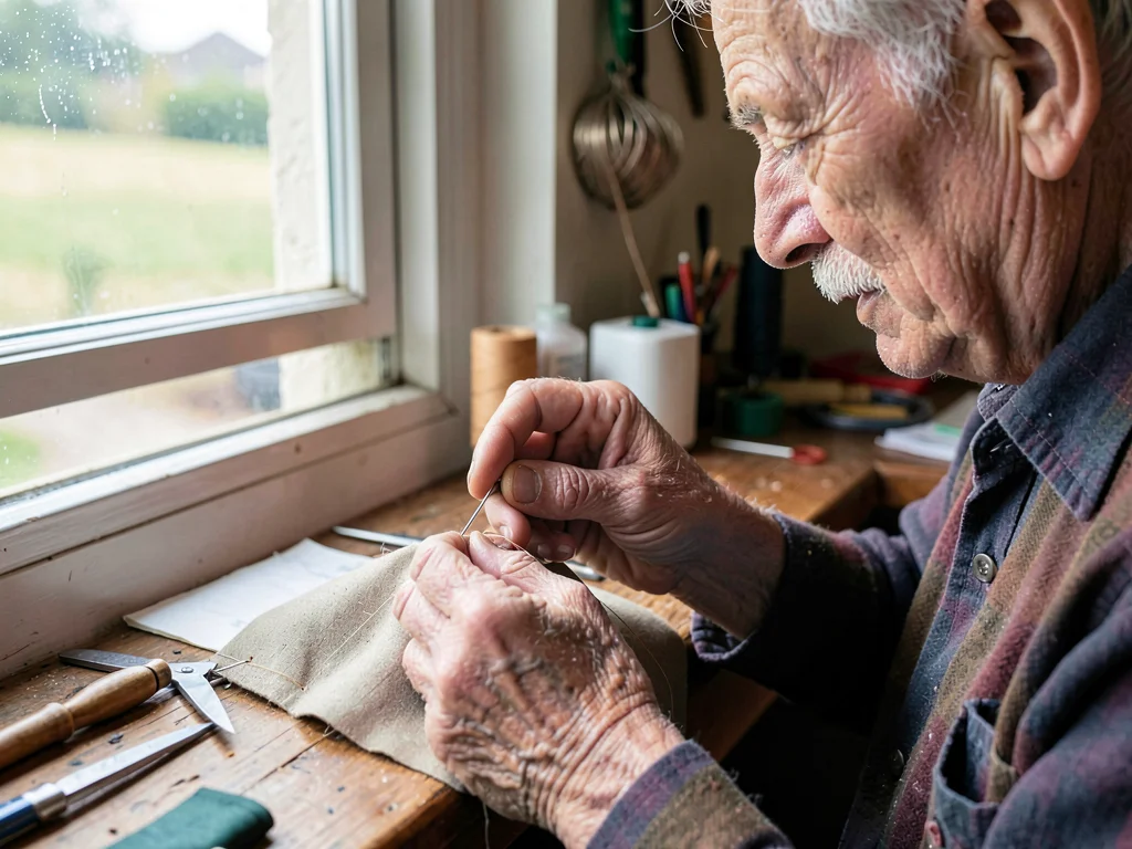 Elderly tailor hand-stitching buttonhole by workshop window, needle catching lig