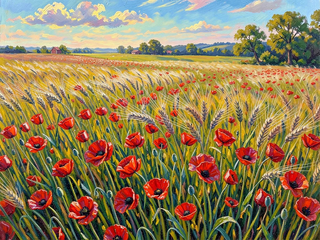 Poppy field at the edge of a wheat farm, wind blurring the scarlet heads