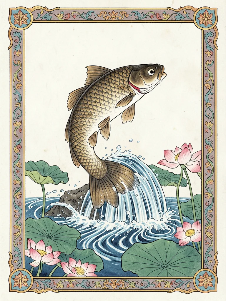 Carp leaping upward through a cascade of water with lotus pads
