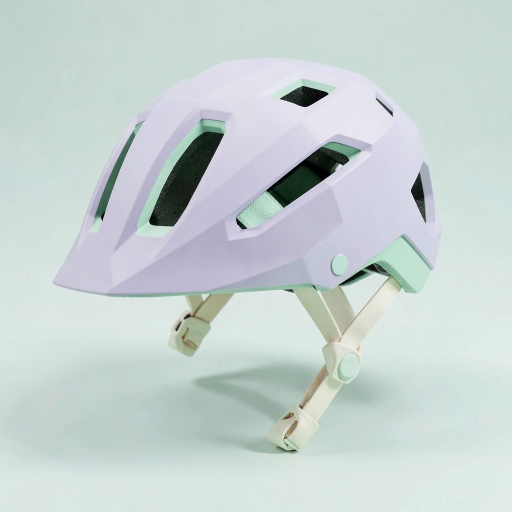 Vented lavender lowpoly bicycle helmet with chunky cream chinstrap and faceted m