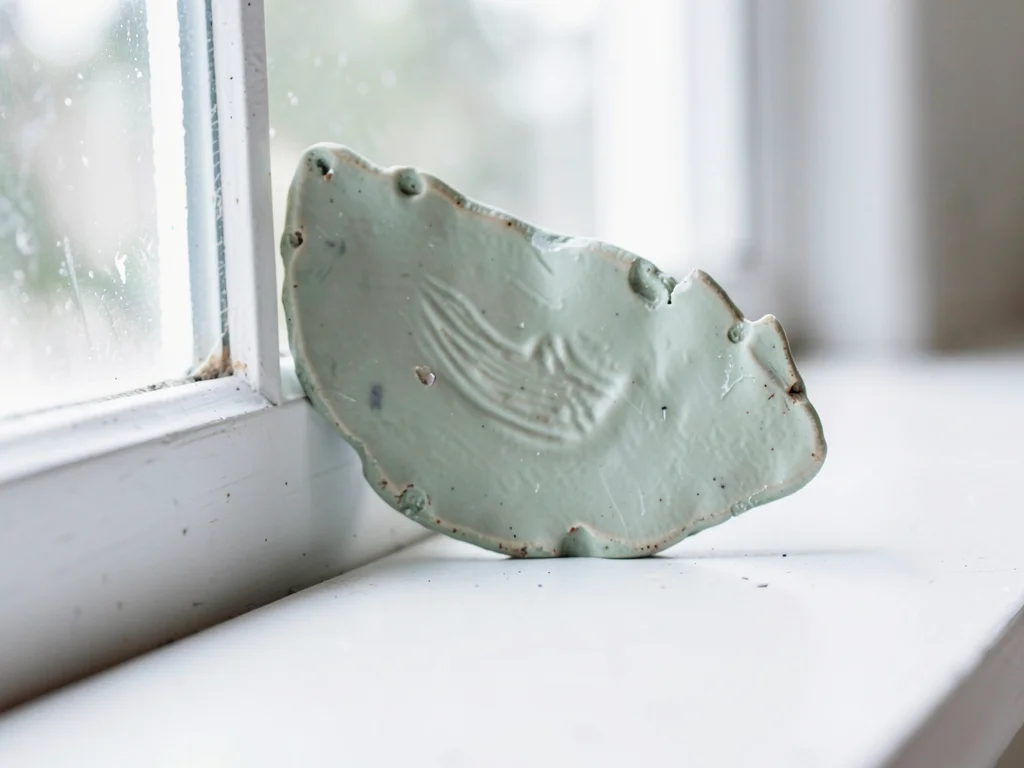 Repaired sage-green pottery shard with a thumb-pressed mended seam and fingernai