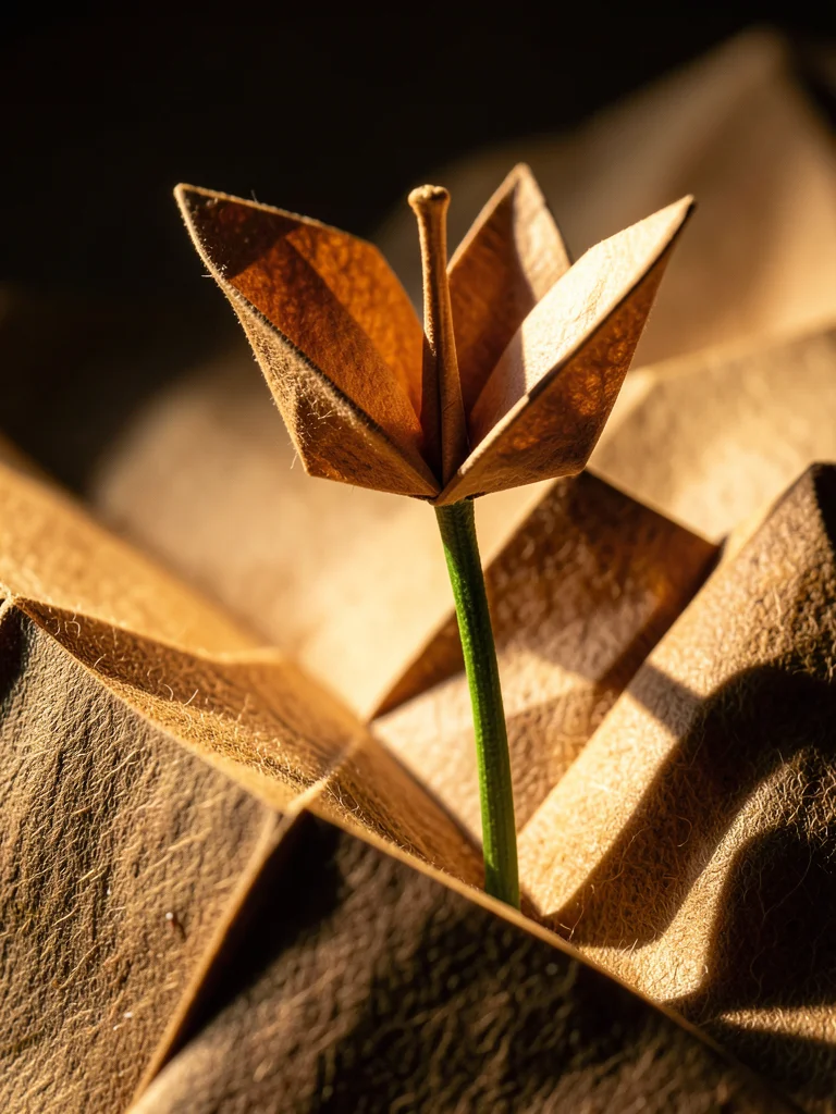 Single origami lily with real flower stem, paper and nature combined