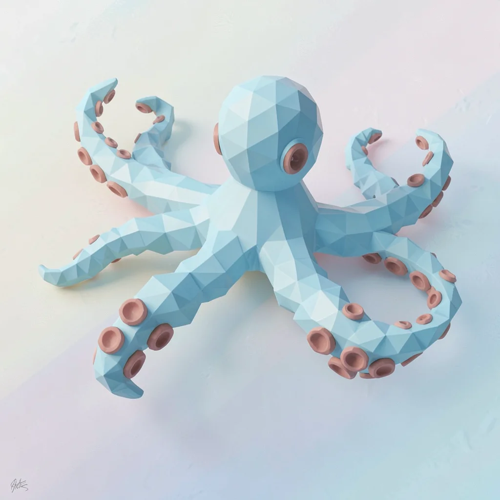 Eight-armed sky-blue lowpoly octopus with chunky triangulated tentacles and dust