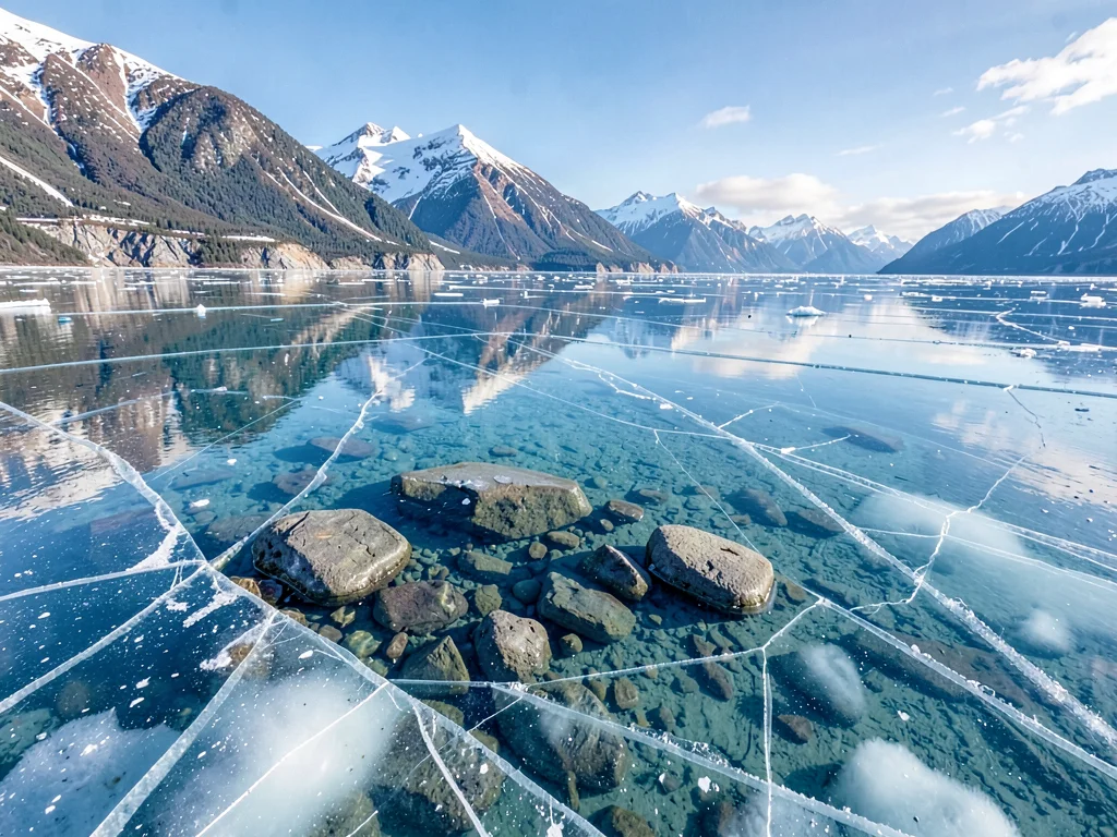 Stone visible on lake bed through thick clear ice