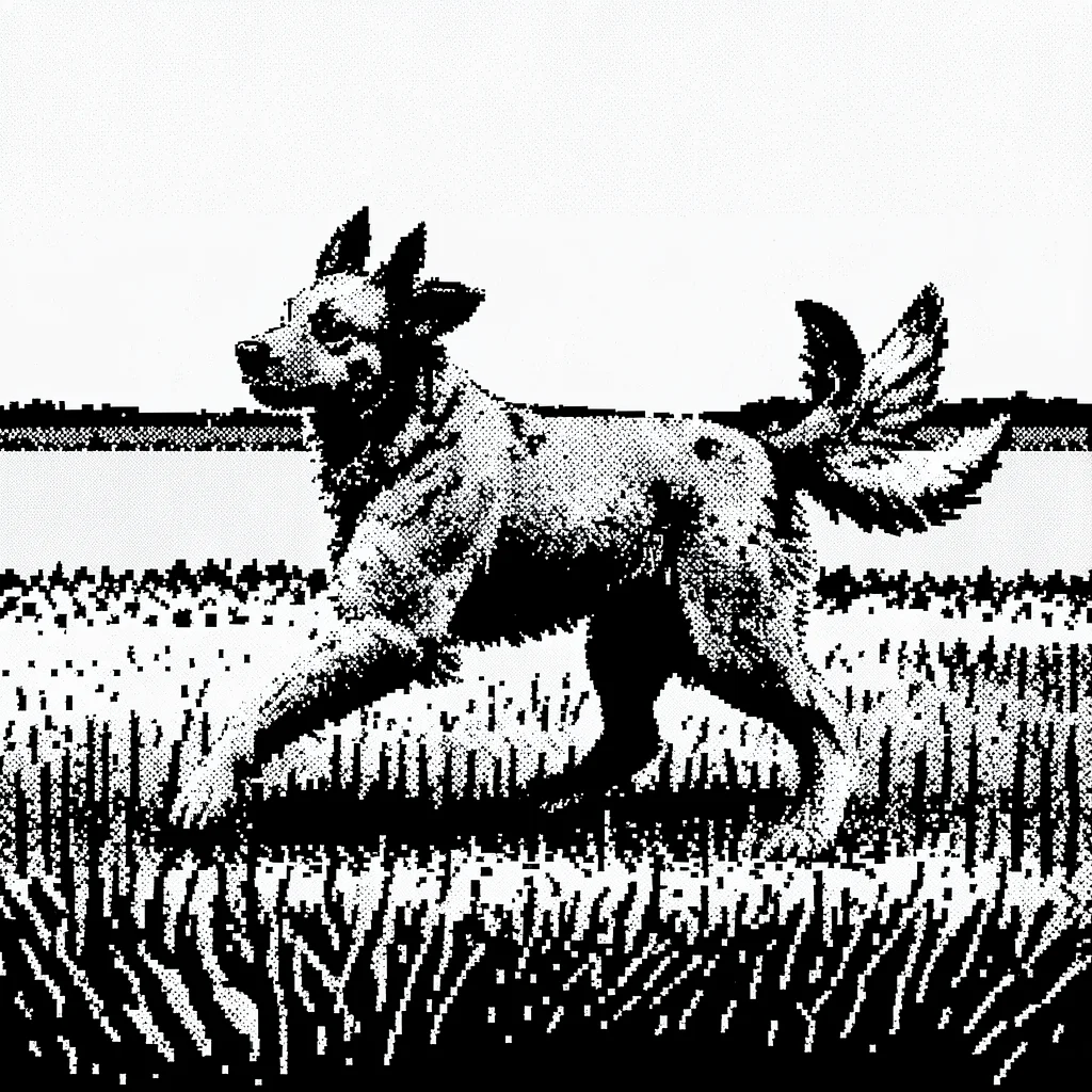 1-bit dithered illustration, dog running in field , black and white only, dither