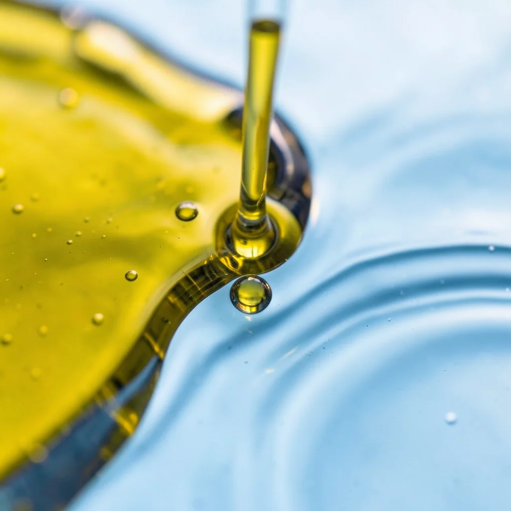 Two liquids of different densities meeting — oil and water — undulating interfac