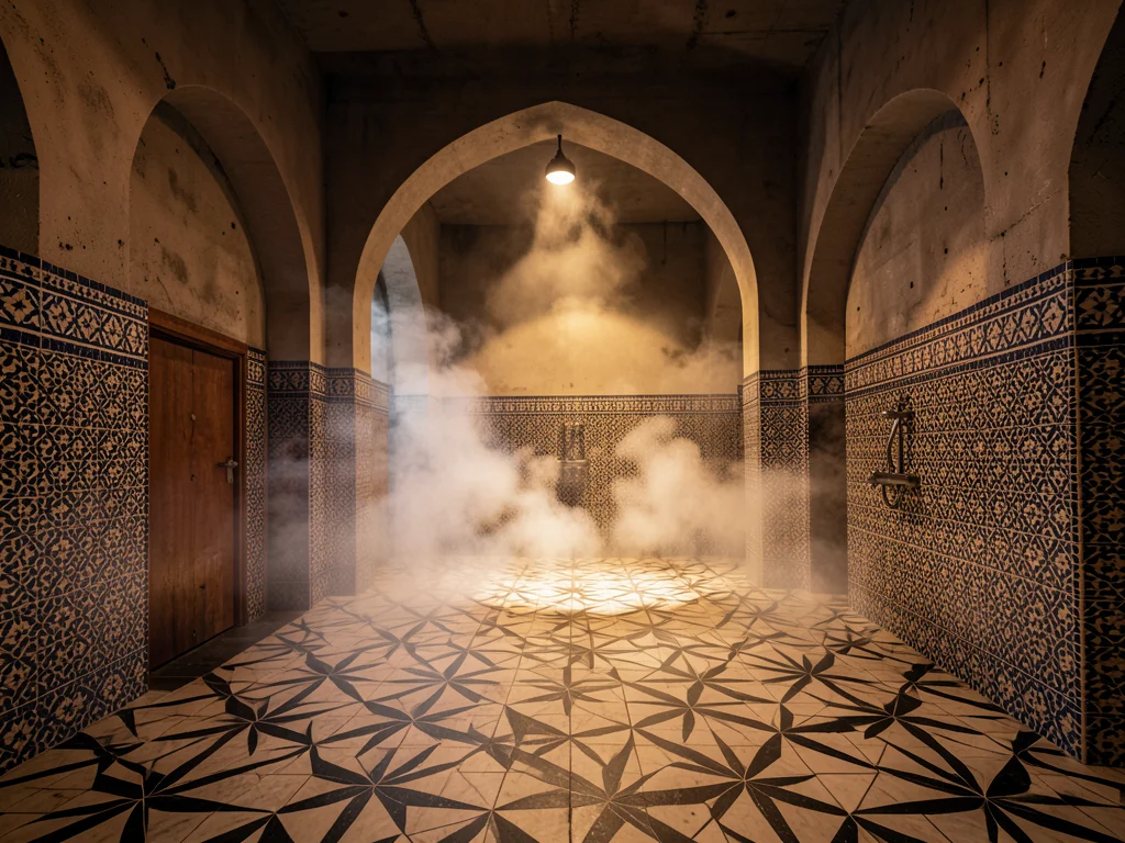 Traditional hammam interior with star-pattern marble floor, steam, arched doorwa