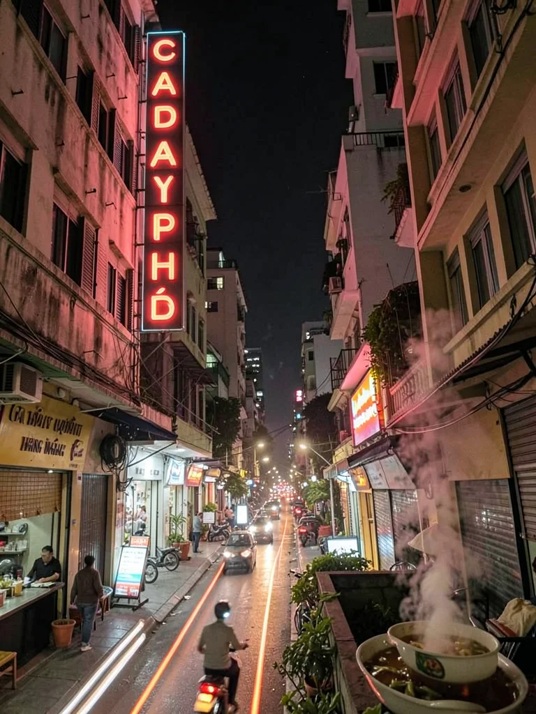 Narrow Saigon alley looking up to sky