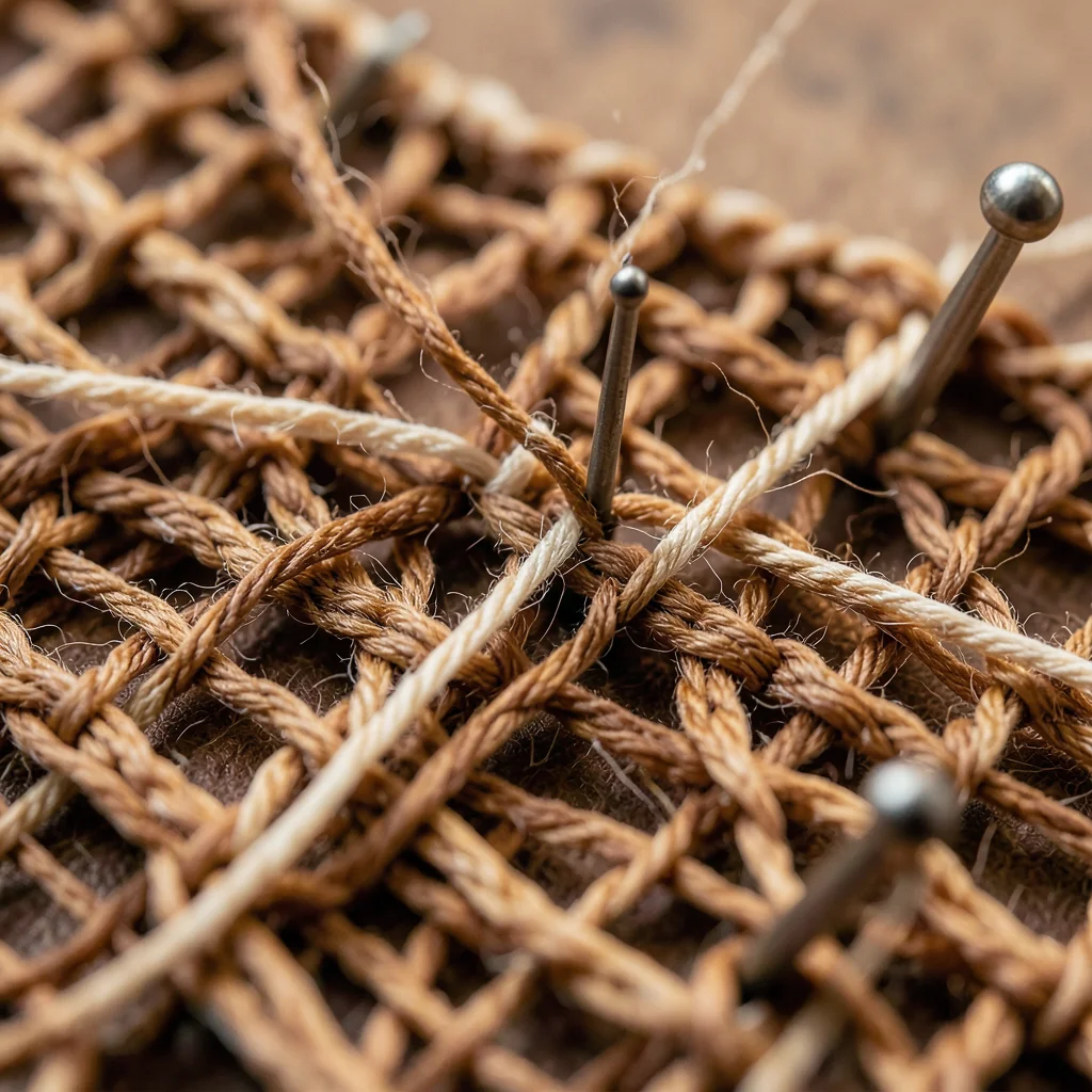 A bobbin lace pattern at macro: the intricate crossing and twisting of multiple 