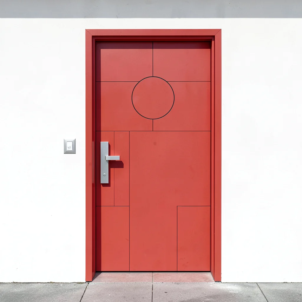 Single primary-red door in white wall, geometric handle, flush frame