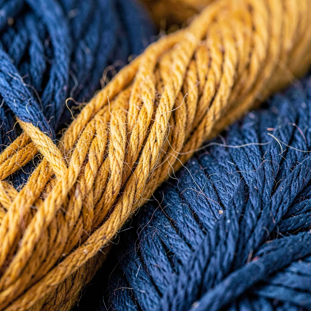 Macro of indigo and ochre wool yarn loomed tightly together