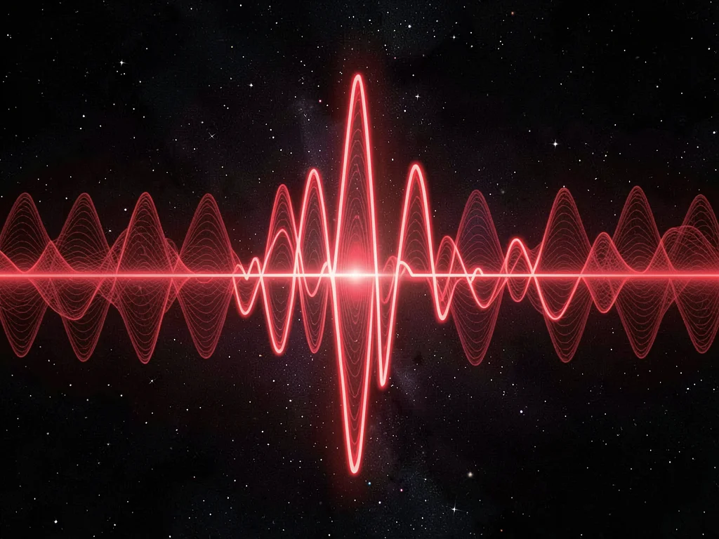 Heartbeat shown as rhythmic red pulse waves through dark space